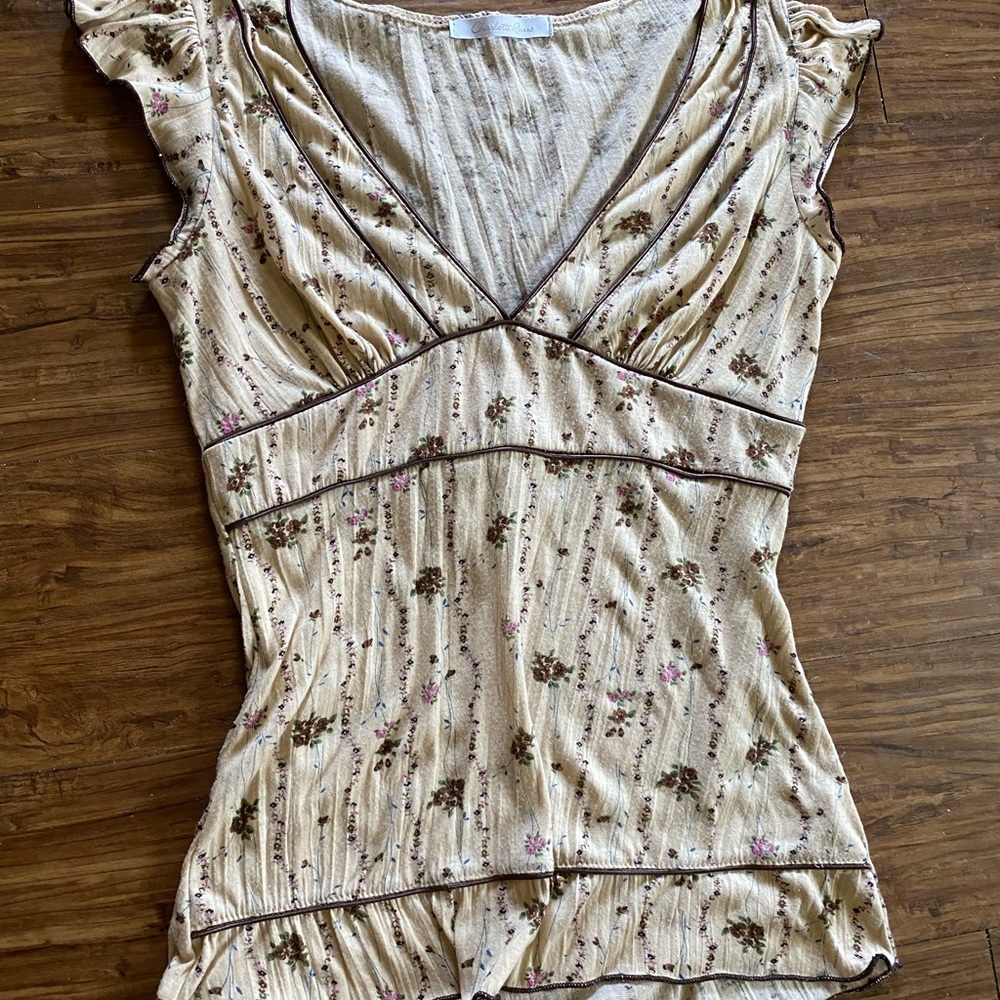 Tan floral deep v top